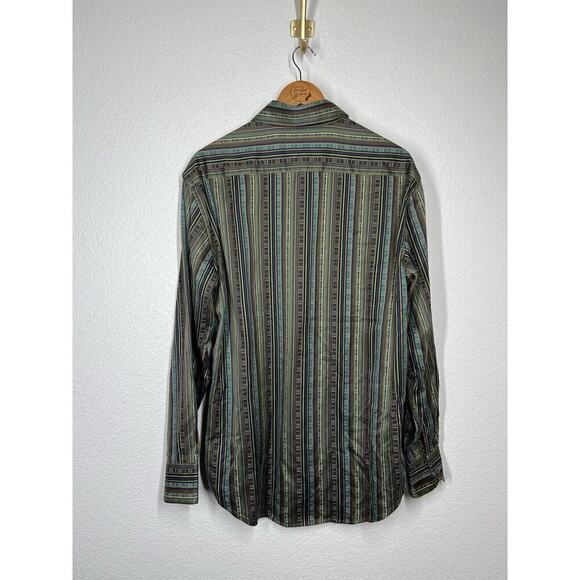 Robert Graham Striped Embroidered Shirt Large Button Front Long Sleeves Green - Picture 5 of 5